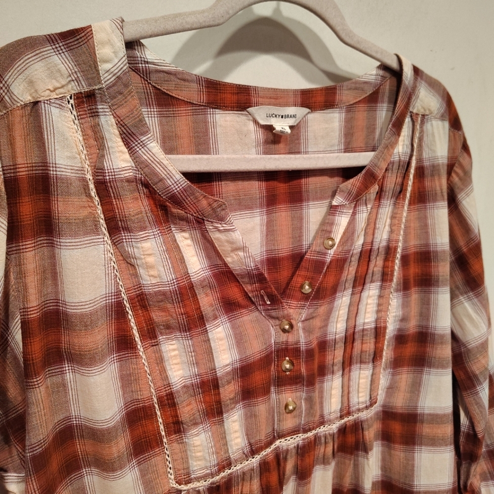 Lucky Brand Women's Plaid Popover Peasant Top Sz XL Boho Lightweight Casual - Picture 4 of 8